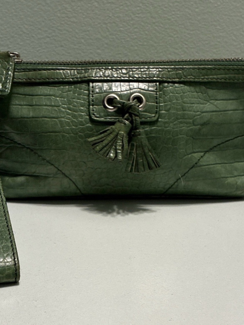Isabella Fiore reptile embossed leather handbag wristlet green